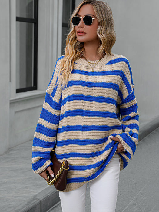 Color-Apricot-Autumn Winter Striped Sweater Women Knitted Crew Neck Pullover Sweater Women-Fancey Boutique