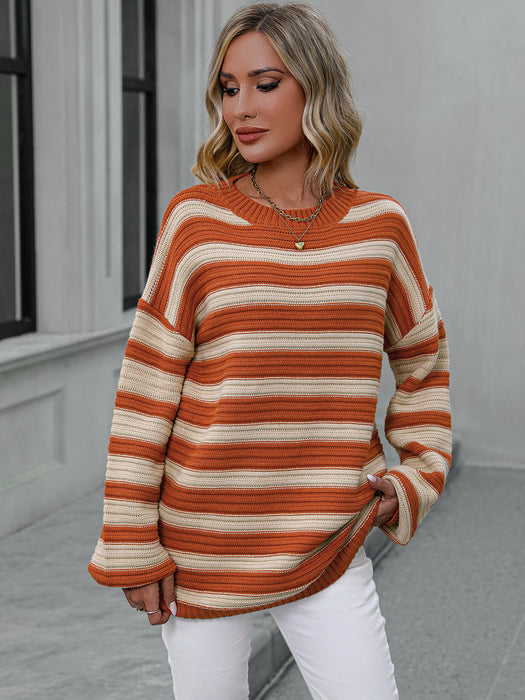 Color-Orange-Autumn Winter Striped Sweater Women Knitted Crew Neck Pullover Sweater Women-Fancey Boutique