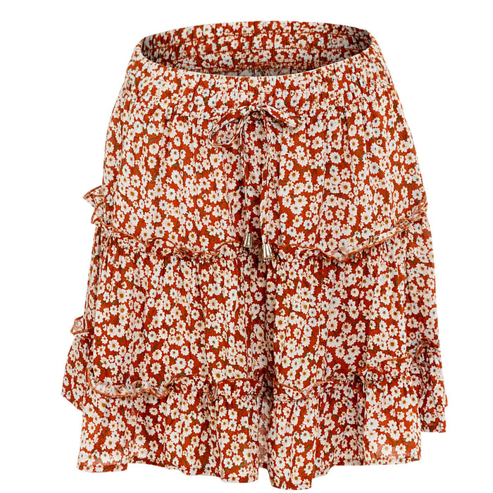 Color-New Orange-HighWaist Ruffles Floral Skirt Printed Beach A line Skirt-Fancey Boutique