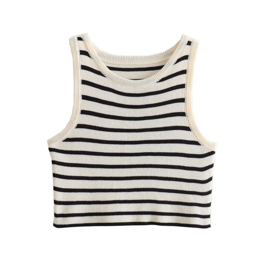 Color-Black-Women Summer Striped Contrast Color U Neck Knitted Vest Design Sleeveless Slim Pullover Top-Fancey Boutique