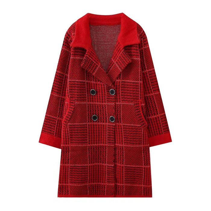 Color-Red-Autumn Winter Korean Loose Square Plaid Thick Mid Length Cardigan Sweater Coat Women Coat-Fancey Boutique