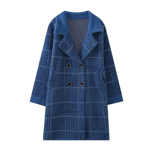Color-Blue-Autumn Winter Korean Loose Square Plaid Thick Mid Length Cardigan Sweater Coat Women Coat-Fancey Boutique