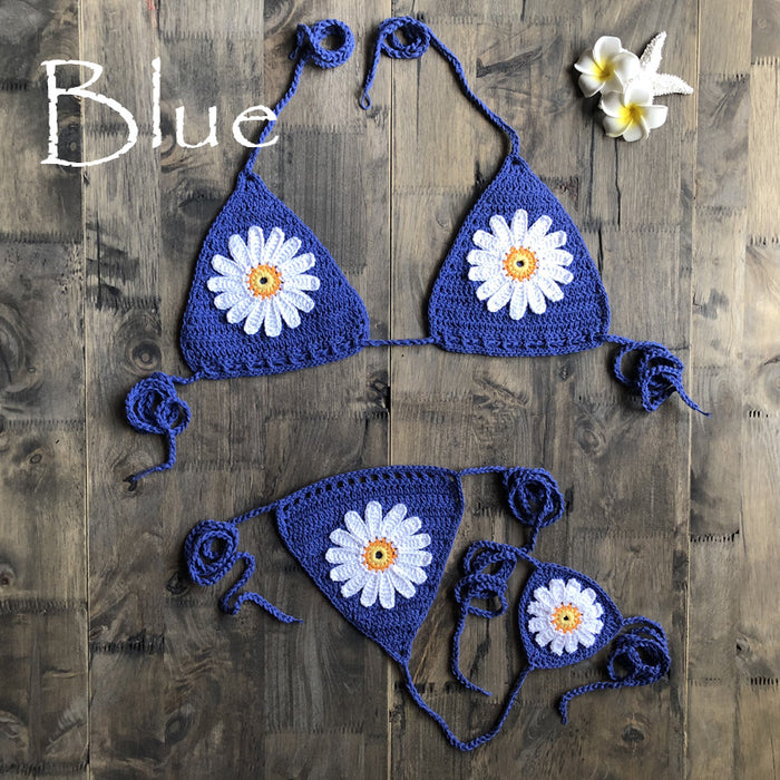 Color-Blue-Vacation Split Swimsuit Hand-Woven Daisy Pattern Beach Bikini-Fancey Boutique