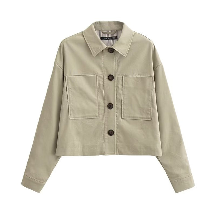 Women Fall Women Clothing Linen Blended Short Jacket-Khaki-Fancey Boutique