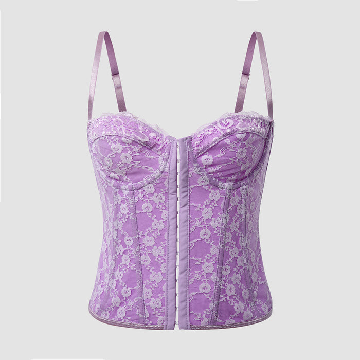 Color-Purple-Women Clothing Sexy Solid Color Lace Sling Boning Corset Steel Ring Wrapped Chest Breasted Backless Vest-Fancey Boutique