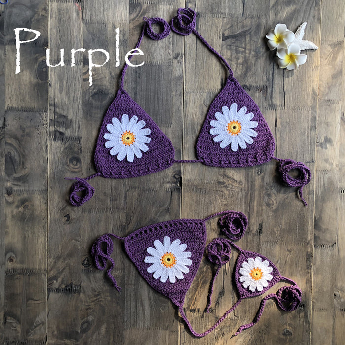 Color-Purple-Vacation Split Swimsuit Hand-Woven Daisy Pattern Beach Bikini-Fancey Boutique