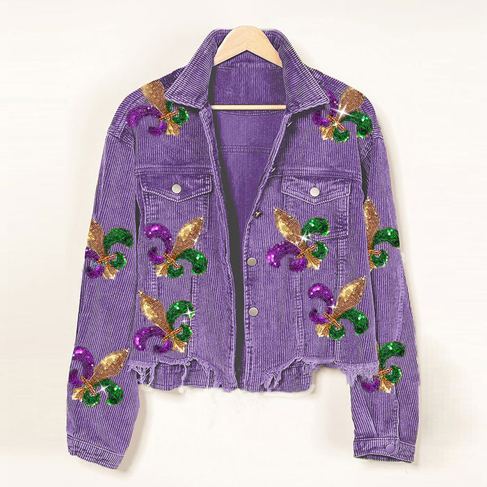 Color-Purple-Autumn Winter Corduroy Sequined Jacket Coat Tassel Baseball Top Women Clothing-Fancey Boutique