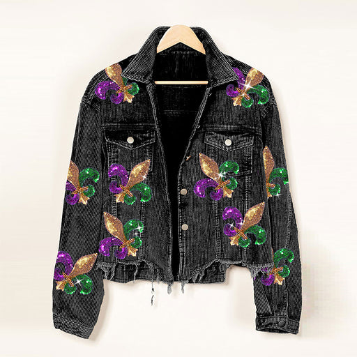 Color-Black-Autumn Winter Corduroy Sequined Jacket Coat Tassel Baseball Top Women Clothing-Fancey Boutique