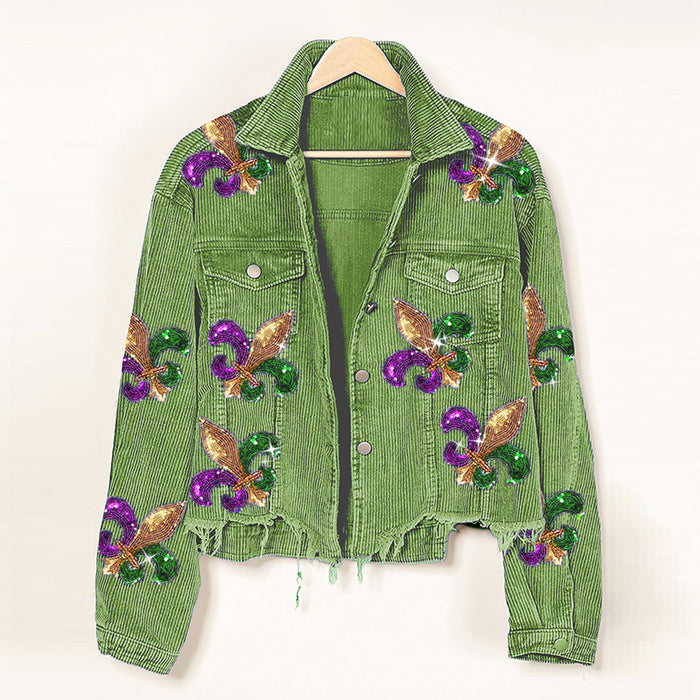 Color-Green-Autumn Winter Corduroy Sequined Jacket Coat Tassel Baseball Top Women Clothing-Fancey Boutique