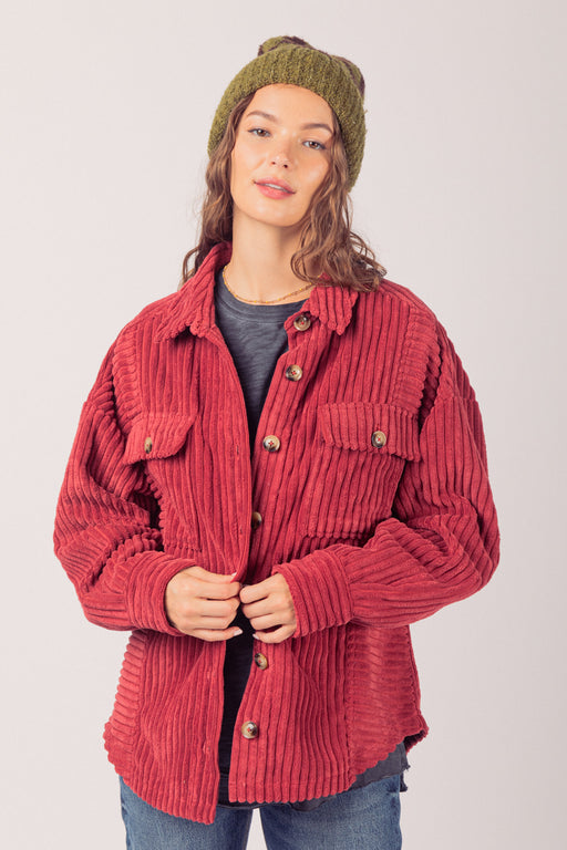 Color-Burgundy-Women Clothing Winter Big Pit Strip Big Pocket Shacket-Fancey Boutique