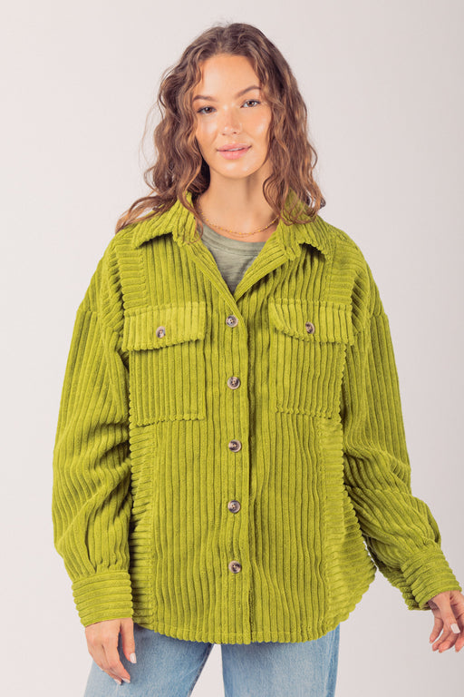 Color-Green-Women Clothing Winter Big Pit Strip Big Pocket Shacket-Fancey Boutique