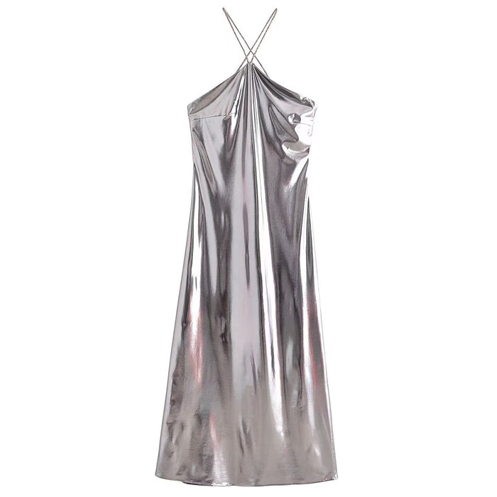 Color-Silver-Metallic Coated Fabric Autumn High Grade Cold Shoulder Sleeveless Bright Strap Metal Hanging Collar Dress-Fancey Boutique