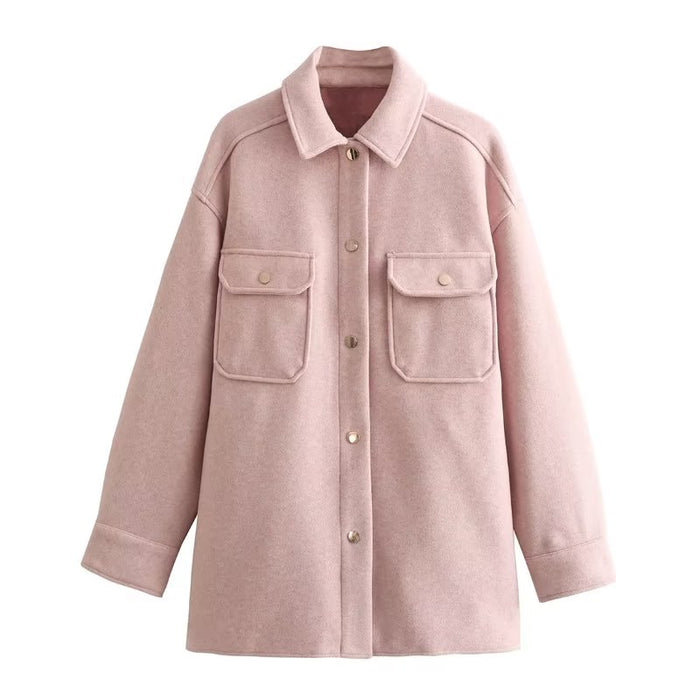 Color-Pink-Autumn Two Color Pocket Decorative Coat Single Breasted Mid Length Top-Fancey Boutique