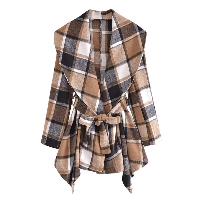 Color-Khaki Plaid-Autumn Winter Long Sleeve V neck Buttons Plaid Printed Coat for Women-Fancey Boutique