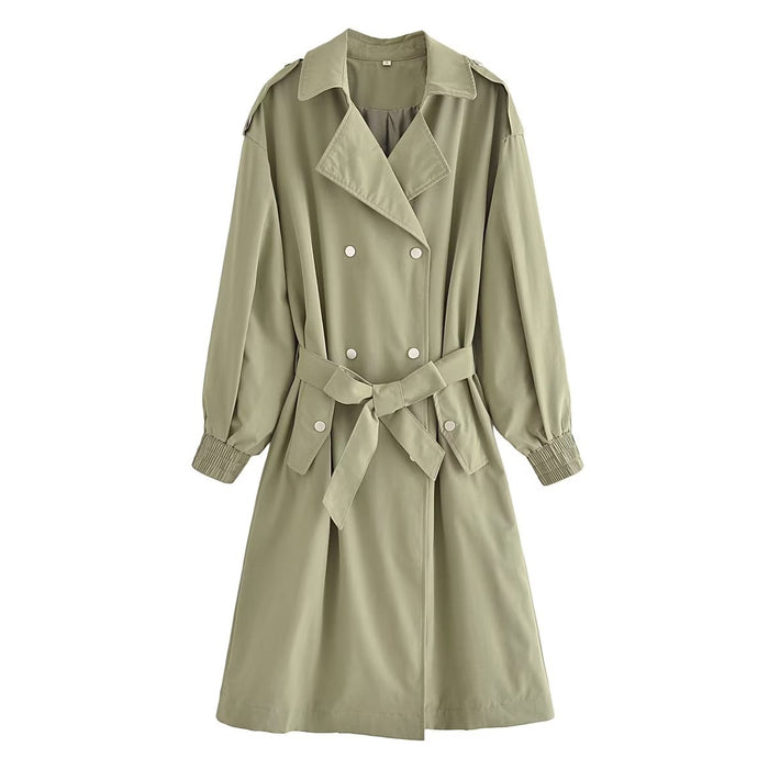 Color-Green-Women Clothing Loose Double Breasted Coat Elastic Cuff Trench Coat-Fancey Boutique