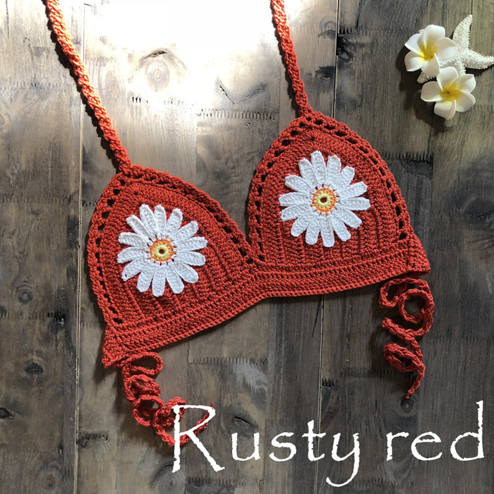 Color-Rusty Red-Strap Hand Crocheting Bikini Beach Weaving Daisy Hollow Out Cutout Out Swimsuit Handmade Swimsuit-Fancey Boutique