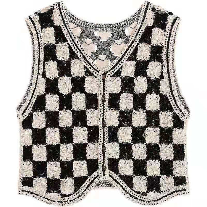 Color-Black Apricot-Autumn Fashionable Cardigan Chessboard Plaid V neck Knitted Thin Vest Vest Coat Women-Fancey Boutique