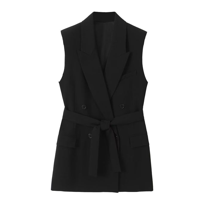 Color-Black-Summer Women Clothing Tuxedo Collar Belt Vest High Waist Casual-Fancey Boutique