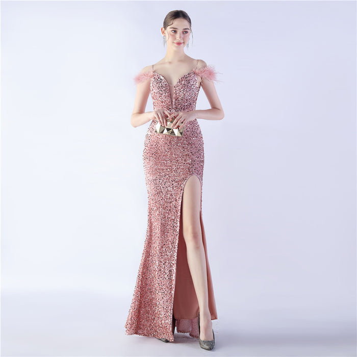 Color-Pink-Craft Order Ostrich Feather High Density Sequined Long Evening Dress-Fancey Boutique