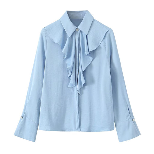 Color-Blue-Summer Women Clothing Pearl Button Chest Laminated Decoration Shirt-Fancey Boutique