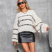 Color-White-Striped Round Neck Pullover Thick Needle Sweater Women Loose Lazy Autumn Winter Long Sleeve Sweater Outerwear Top Trendy-Fancey Boutique