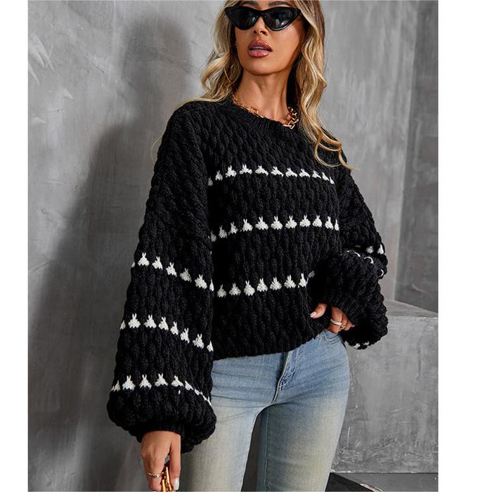 Color-Black-Striped Round Neck Pullover Thick Needle Sweater Women Loose Lazy Autumn Winter Long Sleeve Sweater Outerwear Top Trendy-Fancey Boutique