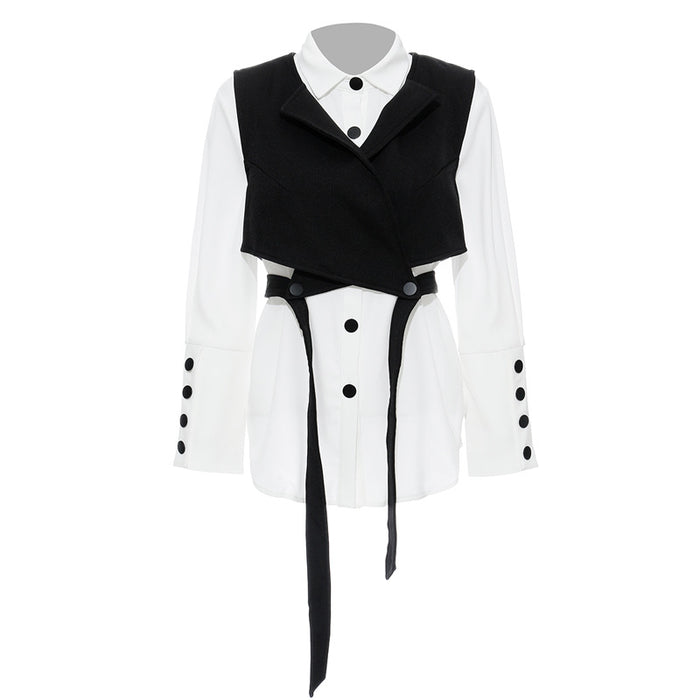 Color-Multicolor Set-Autumn Dry Plaid Black White Contrast Color Half Lantern Sleeve Shirt Lace Up Vest Two Piece Suit-Fancey Boutique