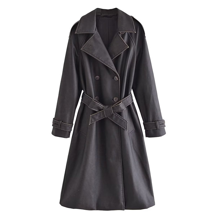 Color-Black-Autumn Winter Women Long Sleeve Collared Bow Waist Distressed Effect Faux Leather Trench Coat-Fancey Boutique