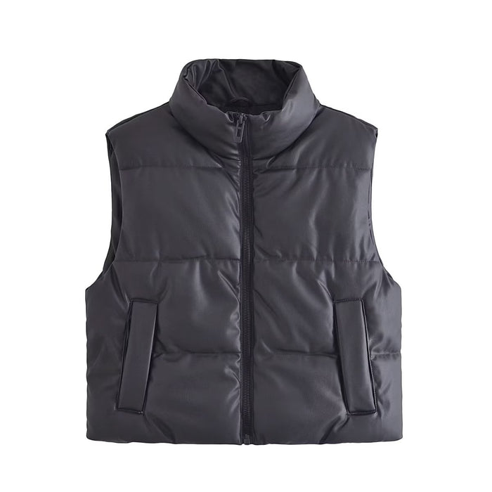 Color-Black-Autumn Popular Casual Black Faux Leather Stand Collar Sleeveless Cotton Padded Jacket Vest Women-Fancey Boutique