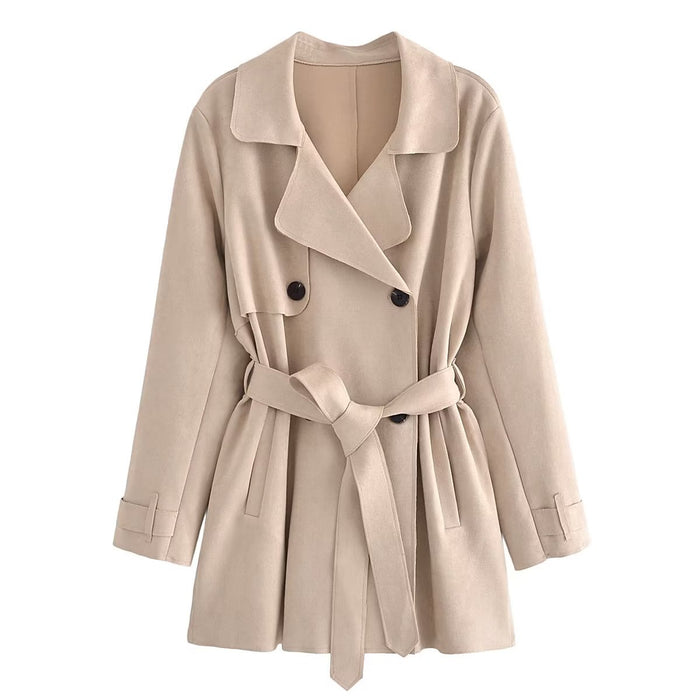 Color-Khaki-Autumn Women Clothing Street Suede Texture Trench Coat-Fancey Boutique