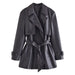Color-Black-Retro Lapels Faux Leather Mid Length Trench Coat Personality Women Clothing Autumn Belt Lace up Coat-Fancey Boutique