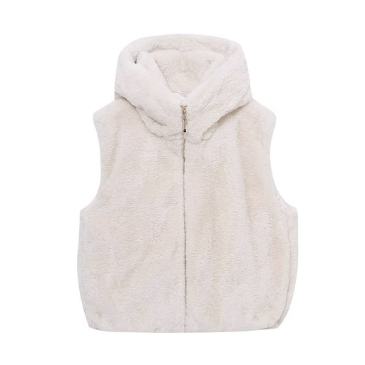 Color-White-Fall Casual Hooded Artificial Fur Sleeveless Coat Women-Fancey Boutique