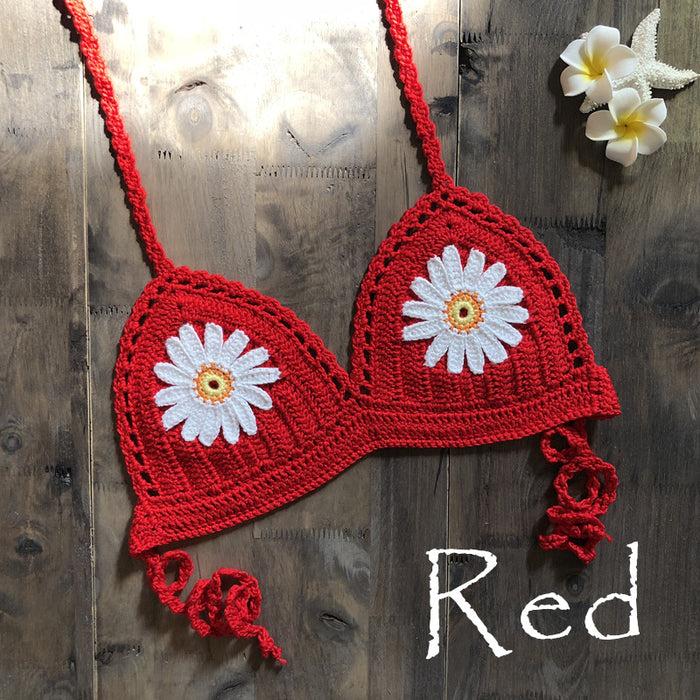 Color-Red-Strap Hand Crocheting Bikini Beach Weaving Daisy Hollow Out Cutout Out Swimsuit Handmade Swimsuit-Fancey Boutique