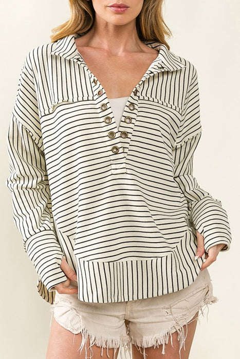Color-White-Autumn Striped Printed Long Sleeved Top Women Casual Pullover V neck Sweater Women Clothing-Fancey Boutique
