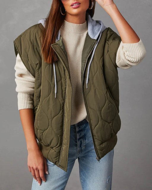 Color-Olive Green-Ladies Autumn Winter Vest Quilted Cotton Solid Color Loose Thick Hooded Zipper Storage Cotton Jacket-Fancey Boutique