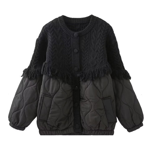 Color-Black-Fall Women Clothing Tassel Decorative Knitted Patchwork Cotton Padded Jacket Jacket Coat-Fancey Boutique