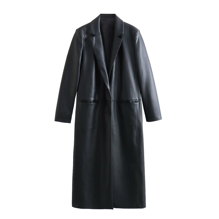 Color-Black-Autumn Collar Waist Mid Length Trench Coat Coat Simple Workplace Office Elite Long Coat Women-Fancey Boutique