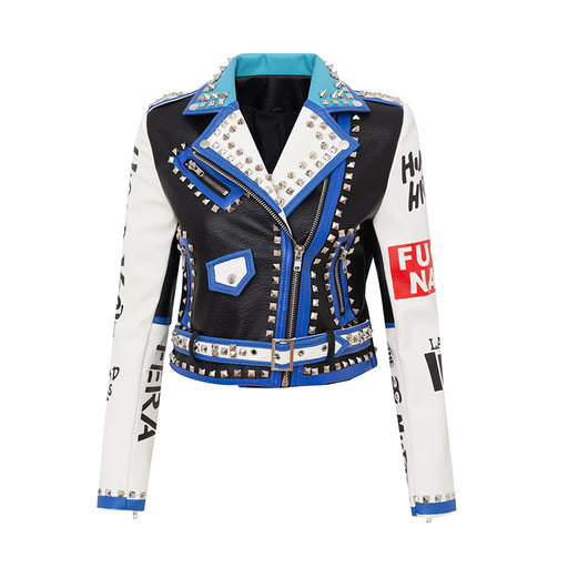 Color-White-Faux Leather Women Leather Top Graffiti Printing Coat Rivet Contrast Color Motorcycle Jacket Leather Coat Women Custom-Fancey Boutique