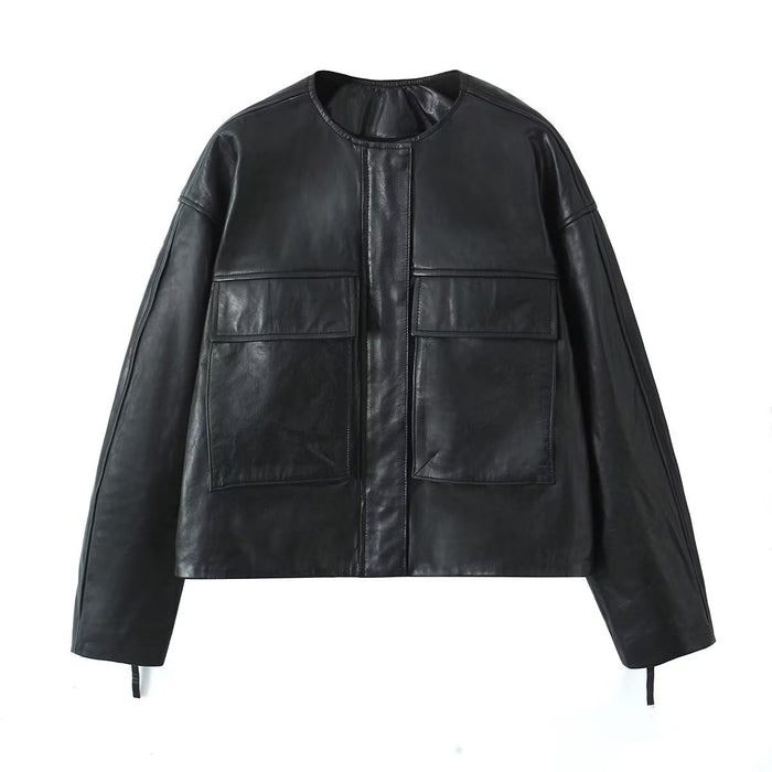Color-Black-Fall Women Clothing round Neck Leather Pocket Jacket Jacket-Fancey Boutique