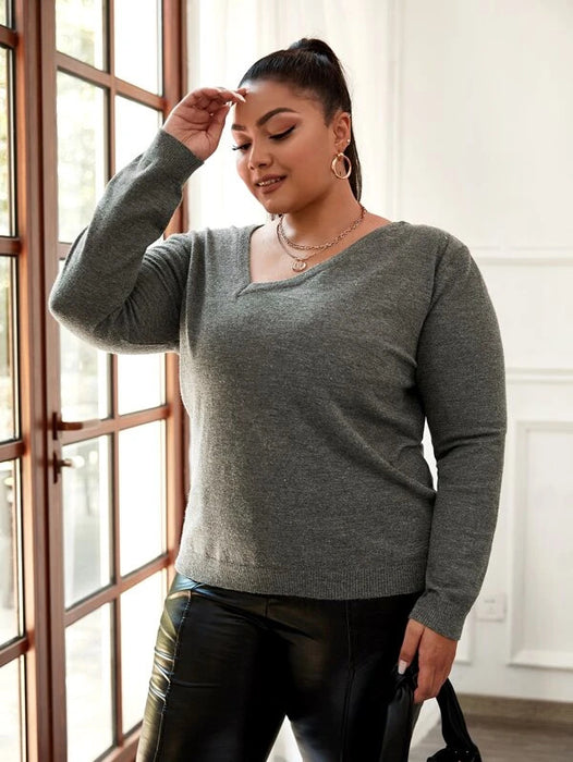 Color-Dark Grey-Plus Size Autumn Knitwear Women V Neck Sweater Loose Fitting Outerwear Top Bottoming Shirt Knitwear-Fancey Boutique