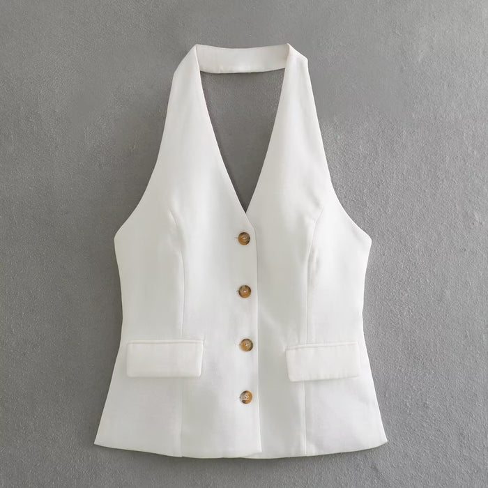 Color-White-Summer Women Clothing Backless Hanging Collar Vest-Fancey Boutique