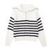 Color-Black Stripe-Women Clothing French Casual All Match Open Collar Wool Sweater-Fancey Boutique