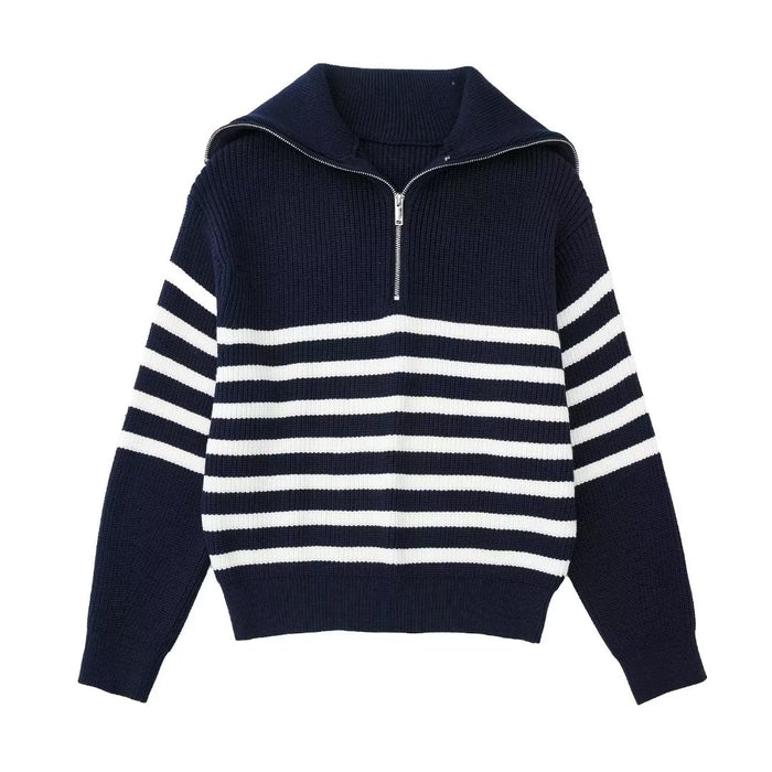 Color-Navy Blue-Women Clothing French Casual All Match Open Collar Wool Sweater-Fancey Boutique