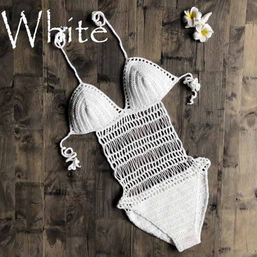 Halter Hand-Woven One-Piece Swimsuit Sexy Beach Hollow Out Cutout out German Swimsuit Women-White-Fancey Boutique