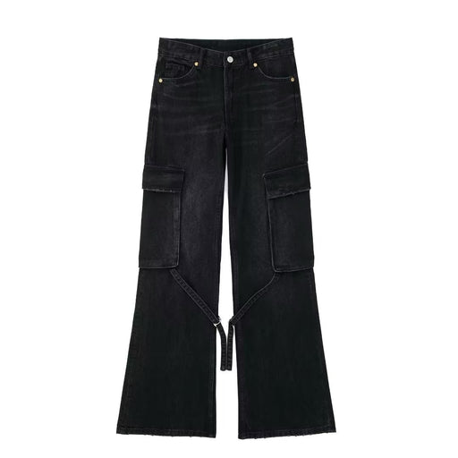 Color-Black-Women Loose Strap Accessories Mid Waist Cargo Jeans Trousers-Fancey Boutique