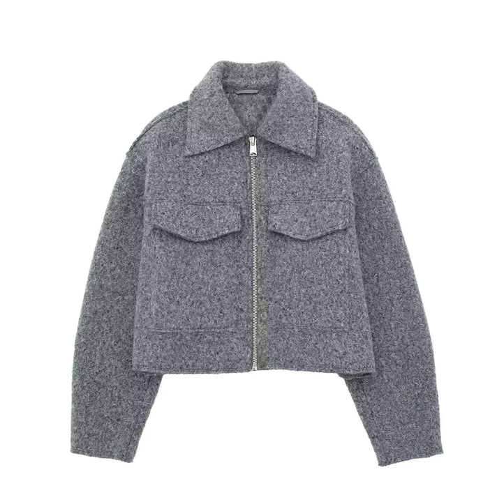 Color-Gray-Women Autumn Winter Polo Collar Pocket Casual Zipper Soft Tweed Jacket Coat-Fancey Boutique