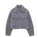 Color-Gray-Women Autumn Winter Polo Collar Pocket Casual Zipper Soft Tweed Jacket Coat-Fancey Boutique