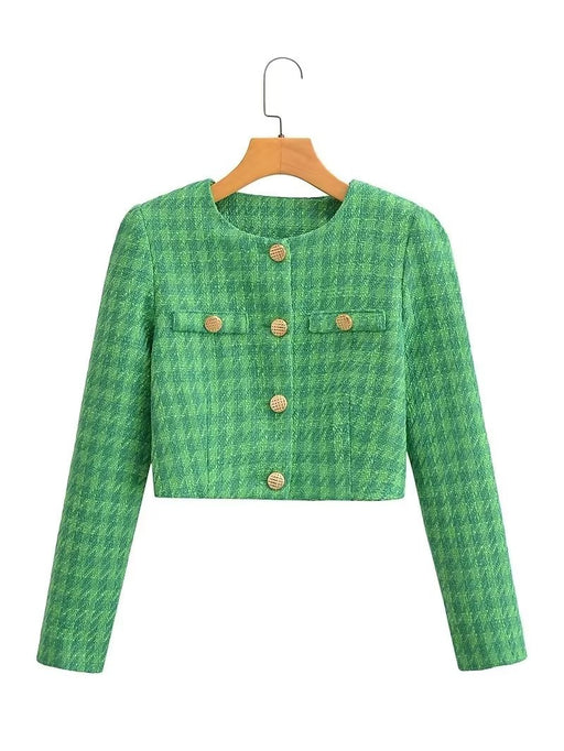 Color-Green-Early Winter Women Clothing round Neck High Waist Plaid Classic Single Breasted Short Coat-Fancey Boutique