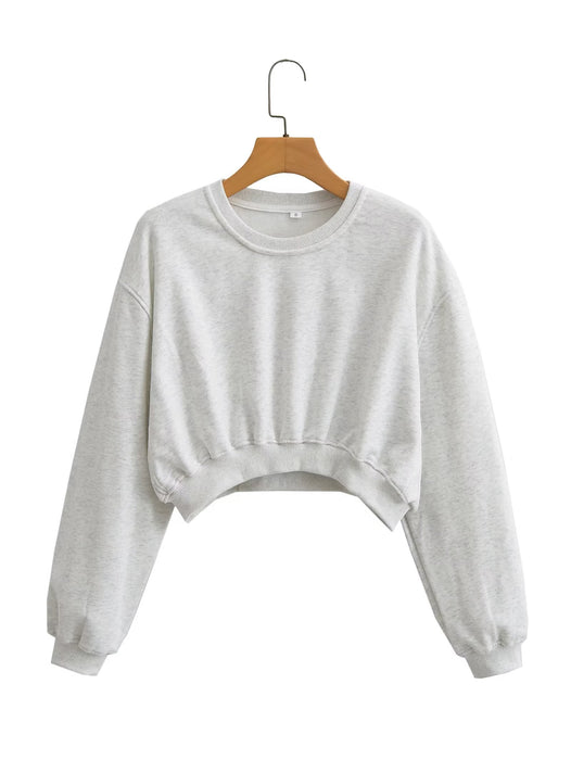 Color-Light Gray-Autumn Three Color round Neck Sweater Solid Color Short Top-Fancey Boutique