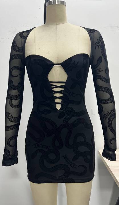 Color-Black-【MOQ-5 packs】 Women Spring Autumn Lace Sexy Dress-Fancey Boutique